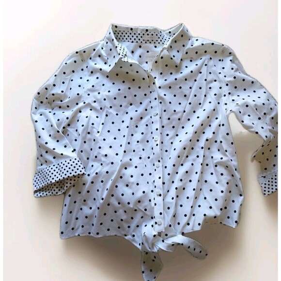 Chicos 2 Womens Polka Dot No Iron Tie Front Button Down Shirt Blouse Top L/XL - Picture 1 of 7